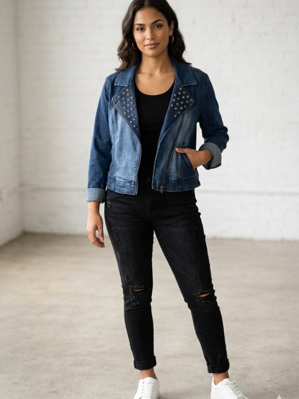 YMI Jeans Studded Moto Cropped Denim Jacket Size L Dark Wash Pyramid Studs Y2K